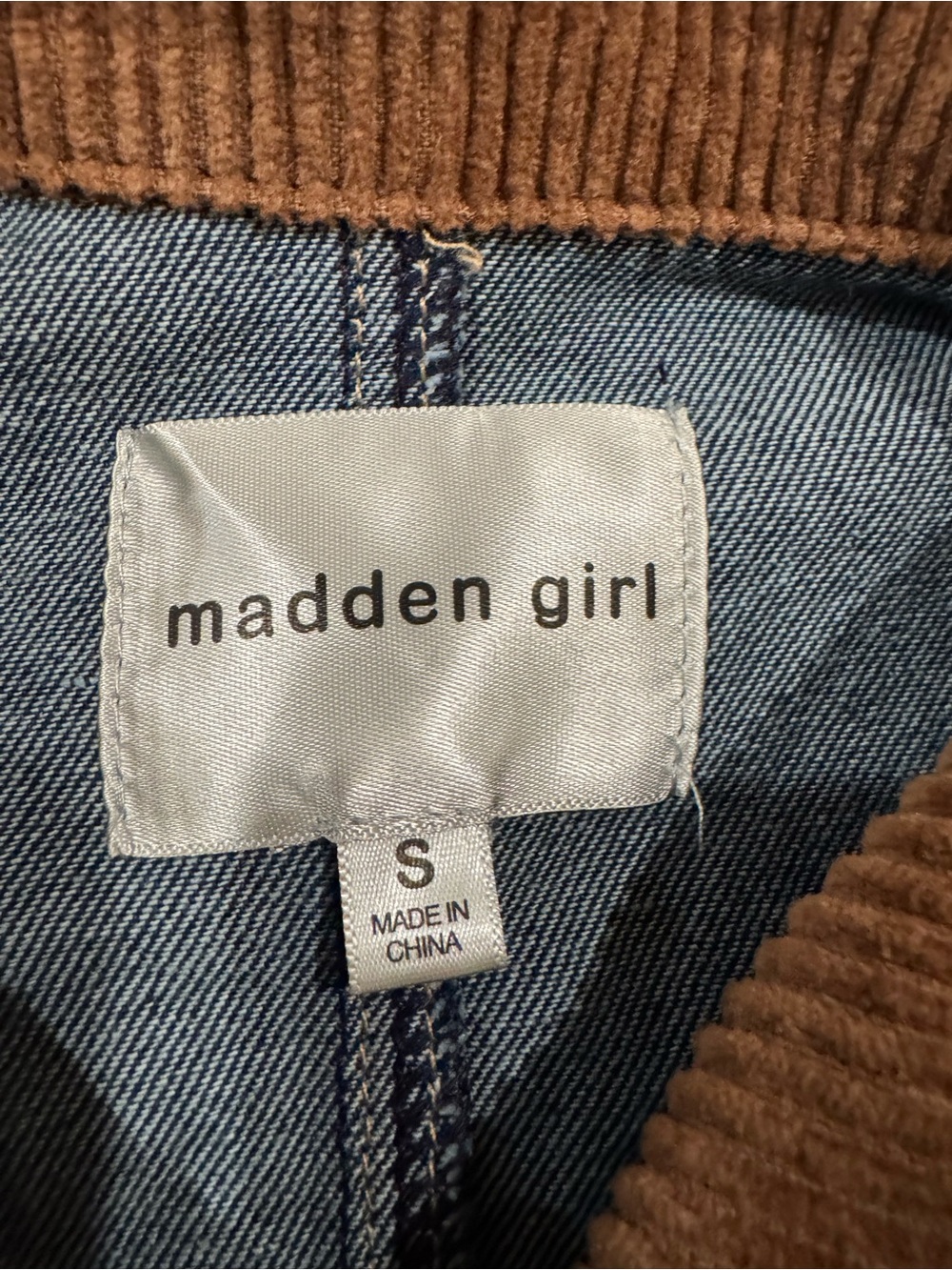 Madden Girl Dark Blue Denim Jacket with Tan Corduroy Collar - Picture 3 of 6
